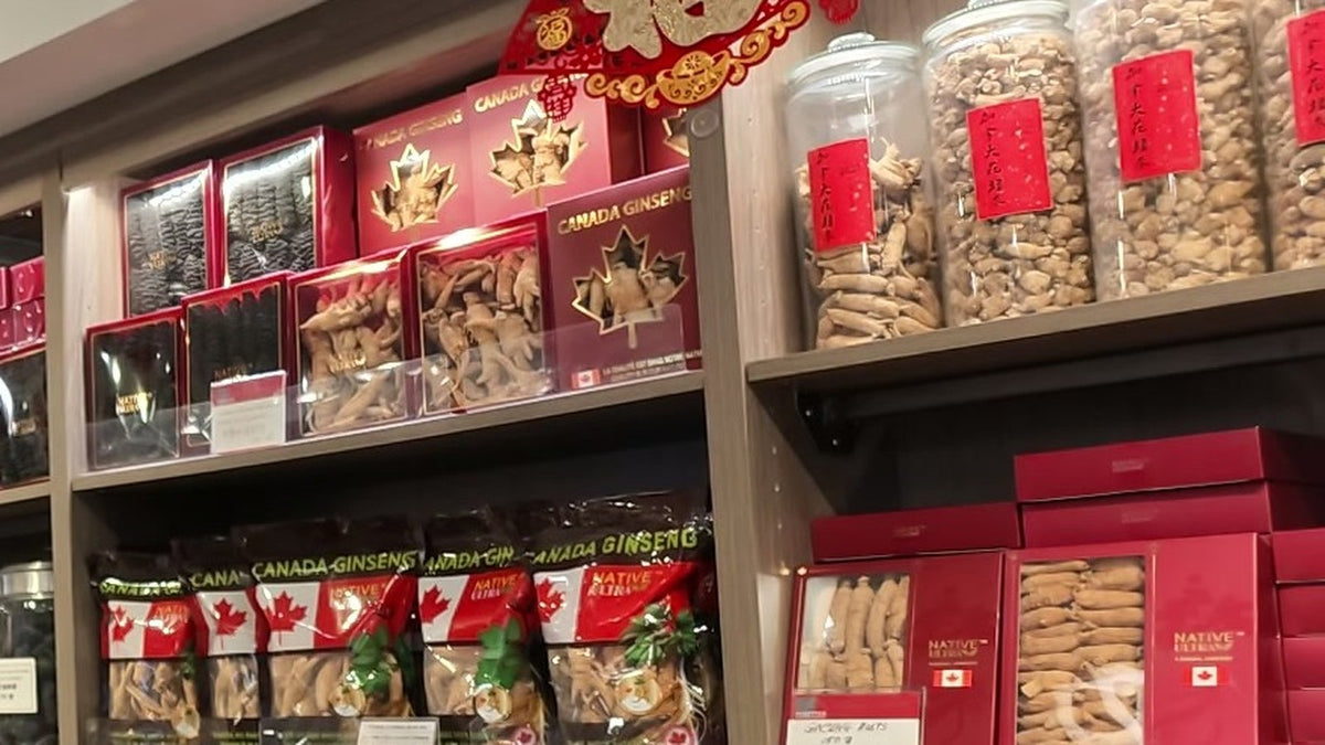 NATIVE ULTRA Canadian ginseng bags and gift boxes on the shelf at Fosetter